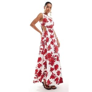 Abercrombie & Fitch Floral One Shoulder Maxi Dress Size L Petite Red White